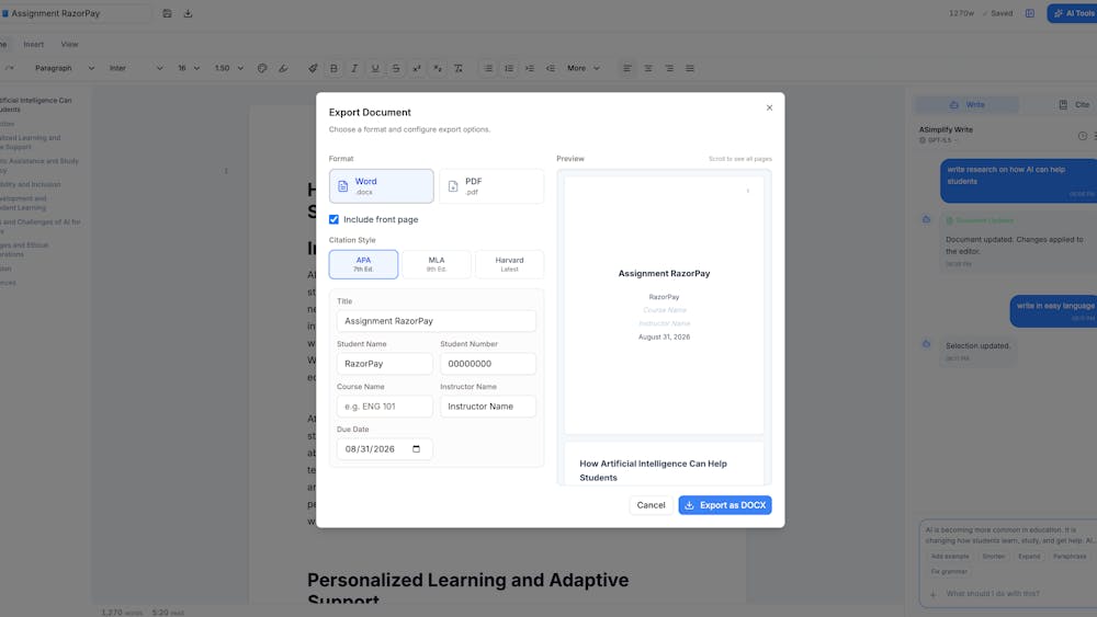 Assignments Simplify AI tool preview
